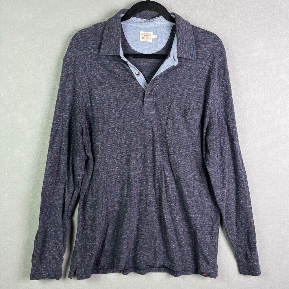 FAHERTY Polo Shirt Men Large Organic Cotton Blend Long Sleeve Pocket Blue Stripe